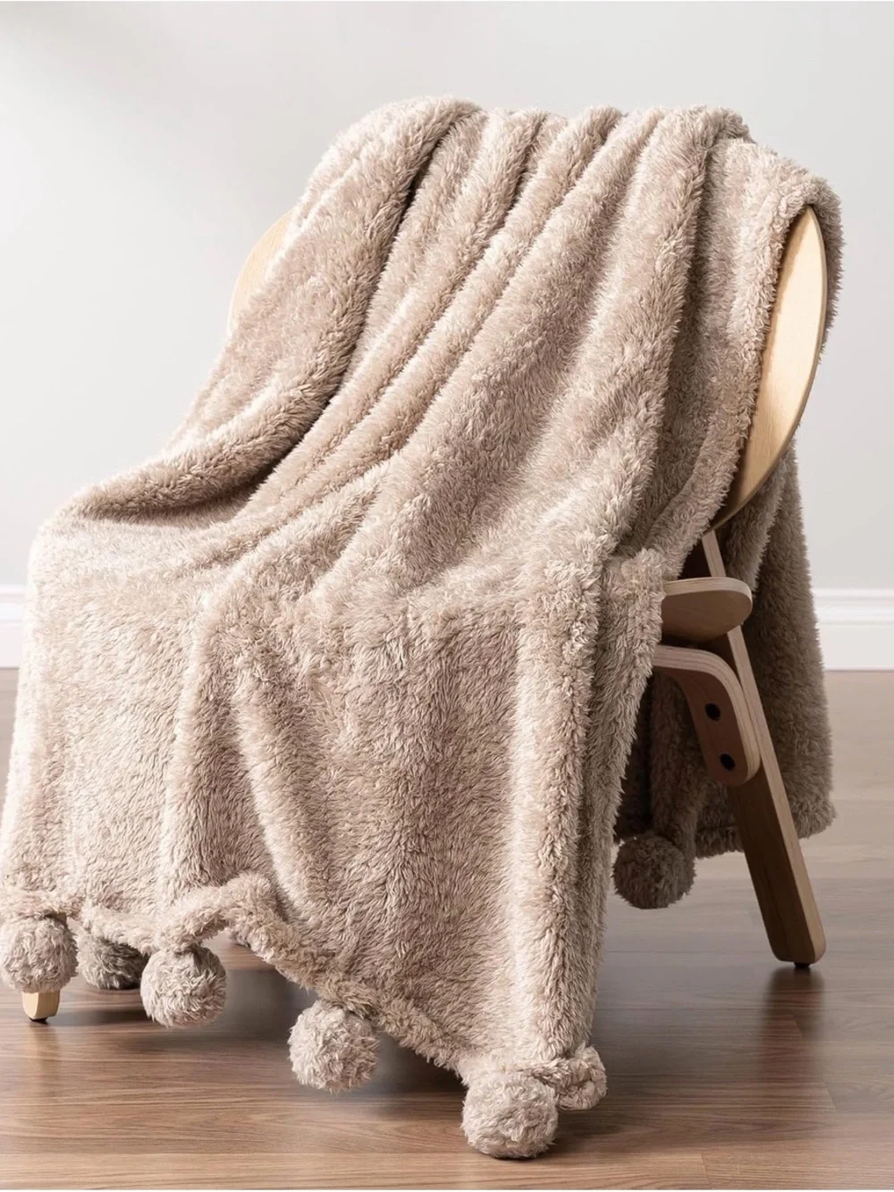 Fluffy Faux Fur Throw Blanket with Pom Poms